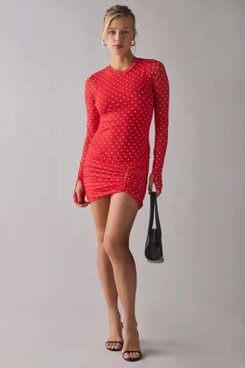 AFRM Mirza Risky Micro Dot Long Sleeve Ruched Mesh Mini Dress