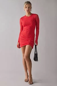 AFRM Mirza Risky Micro Dot Long Sleeve Ruched Mesh Mini Dress