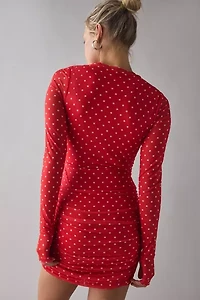 AFRM Mirza Risky Micro Dot Long Sleeve Ruched Mesh Mini Dress