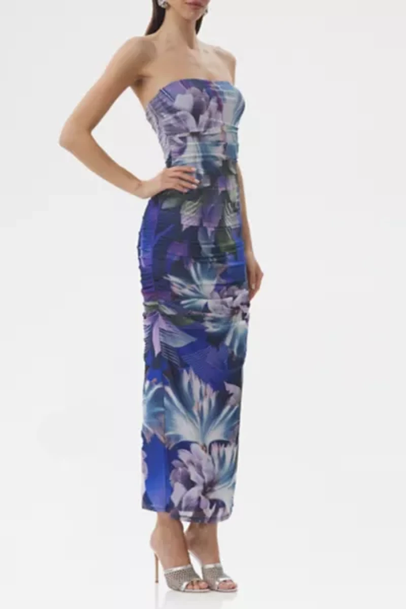 AFRM Marlo Abstract Orchid Ruched Mesh Strapless Maxi Dress