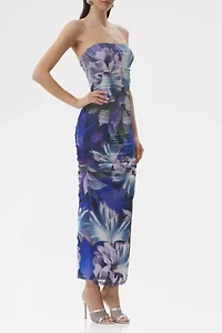AFRM Marlo Abstract Orchid Ruched Mesh Strapless Maxi Dress
