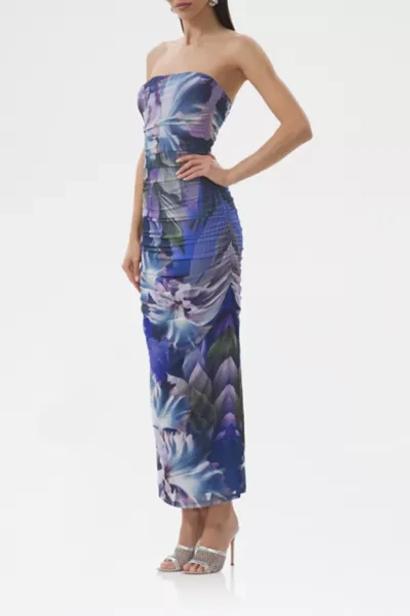 AFRM Marlo Abstract Orchid Ruched Mesh Strapless Maxi Dress