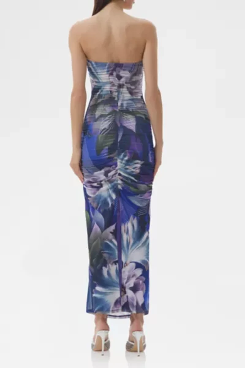 AFRM Marlo Abstract Orchid Ruched Mesh Strapless Maxi Dress