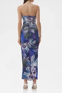 AFRM Marlo Abstract Orchid Ruched Mesh Strapless Maxi Dress