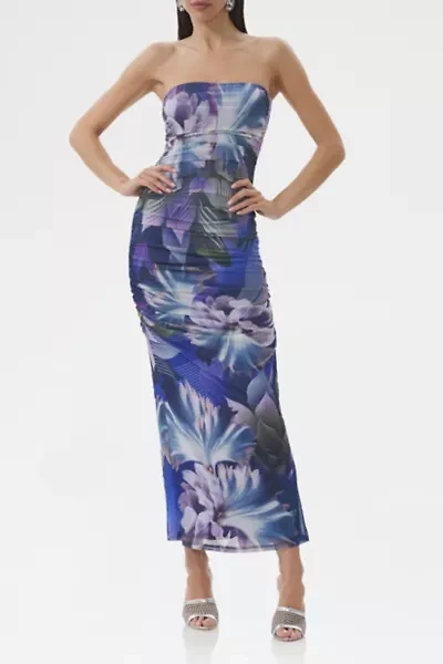 AFRM Marlo Abstract Orchid Ruched Mesh Strapless Maxi Dress