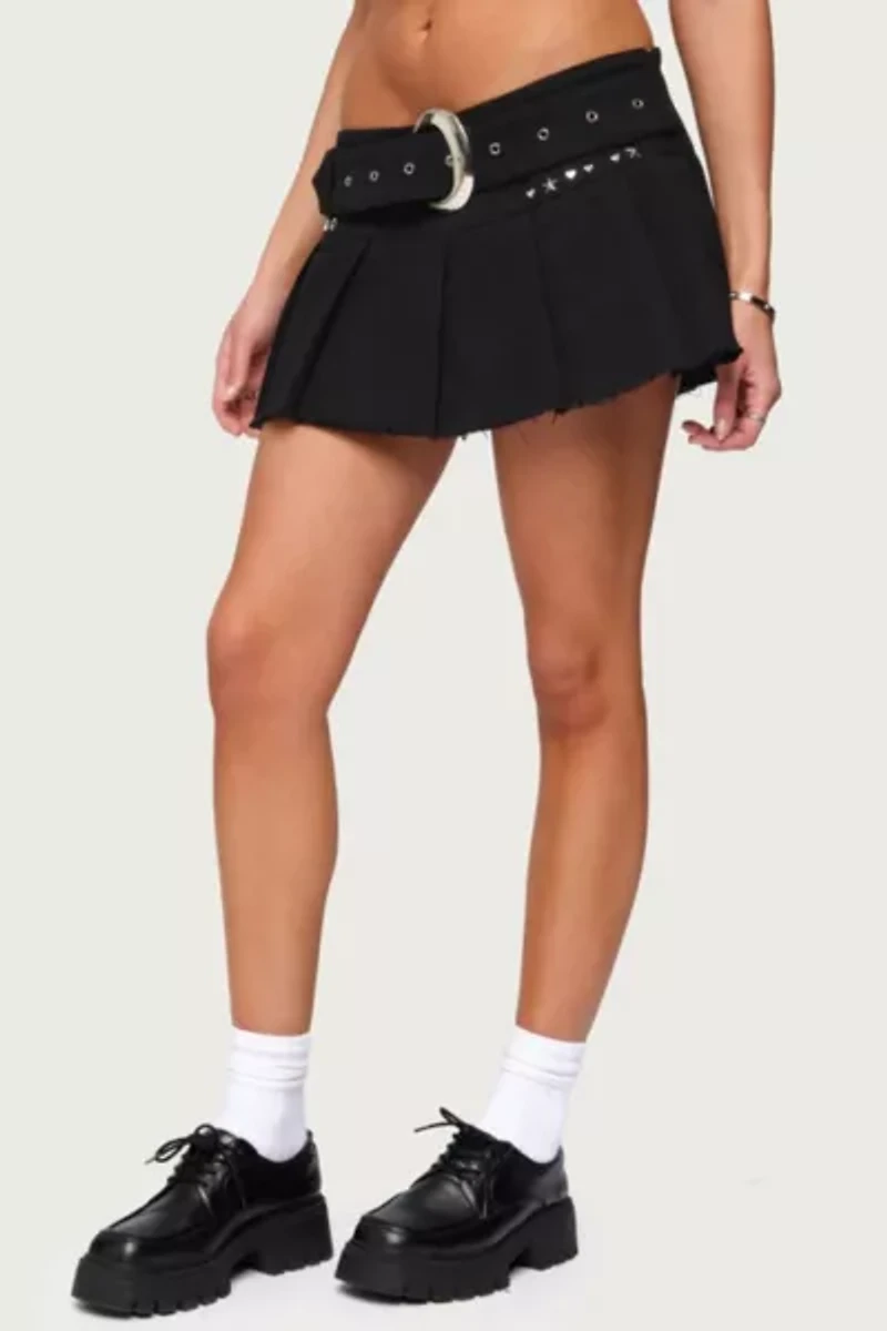 Edikted Kore Belt Pleated Denim Micro Skort