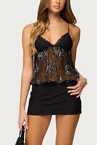 Edikted Sequin Sheer Mesh Babydoll Top