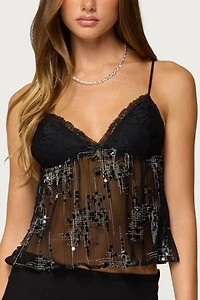 Edikted Sequin Sheer Mesh Babydoll Top