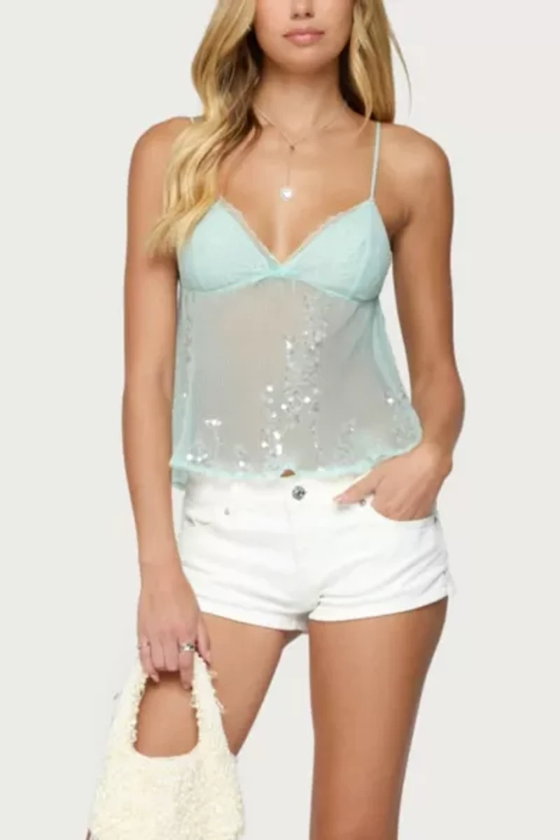 Edikted Sequin Sheer Mesh Babydoll Top
