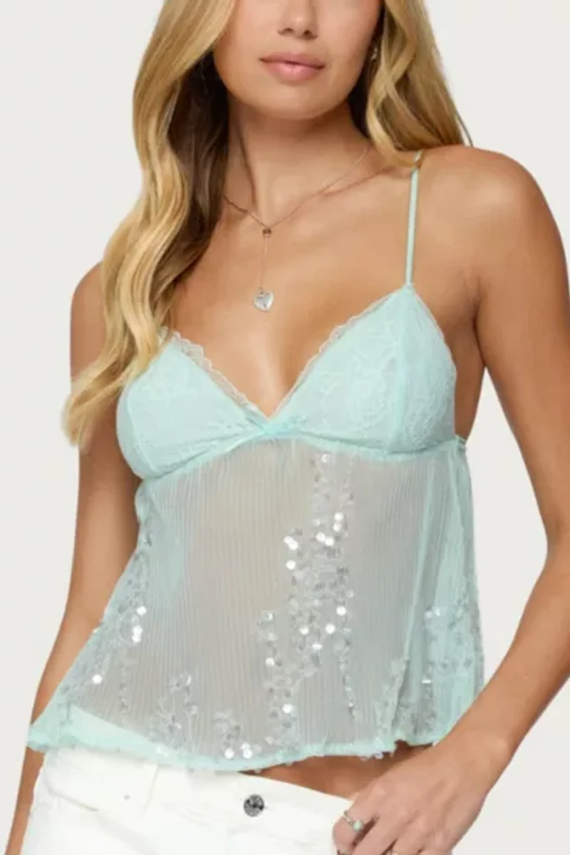 Edikted Sequin Sheer Mesh Babydoll Top