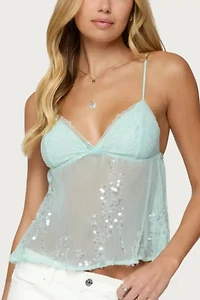 Edikted Sequin Sheer Mesh Babydoll Top