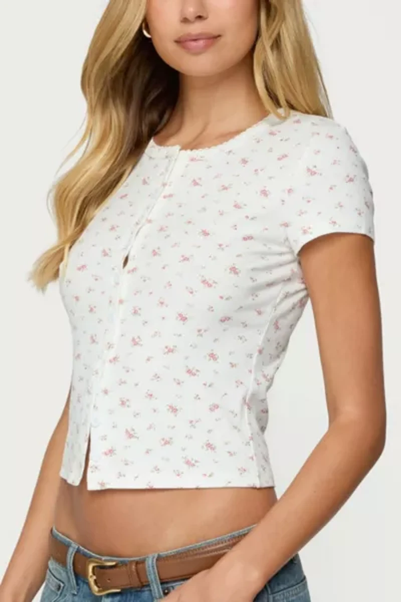 Edikted Odella Floral Ribbed Button Up Top