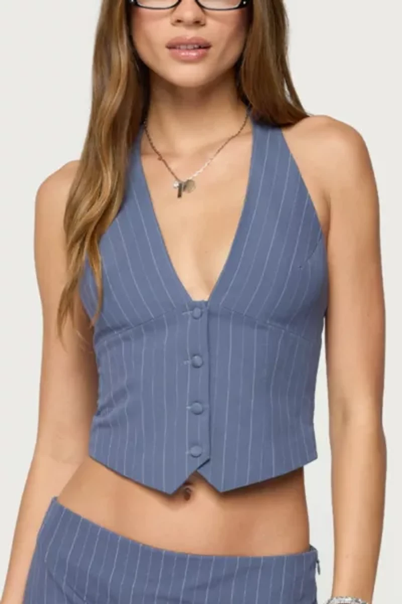 Edikted Frankey Pinstripe Button Up Halter Top