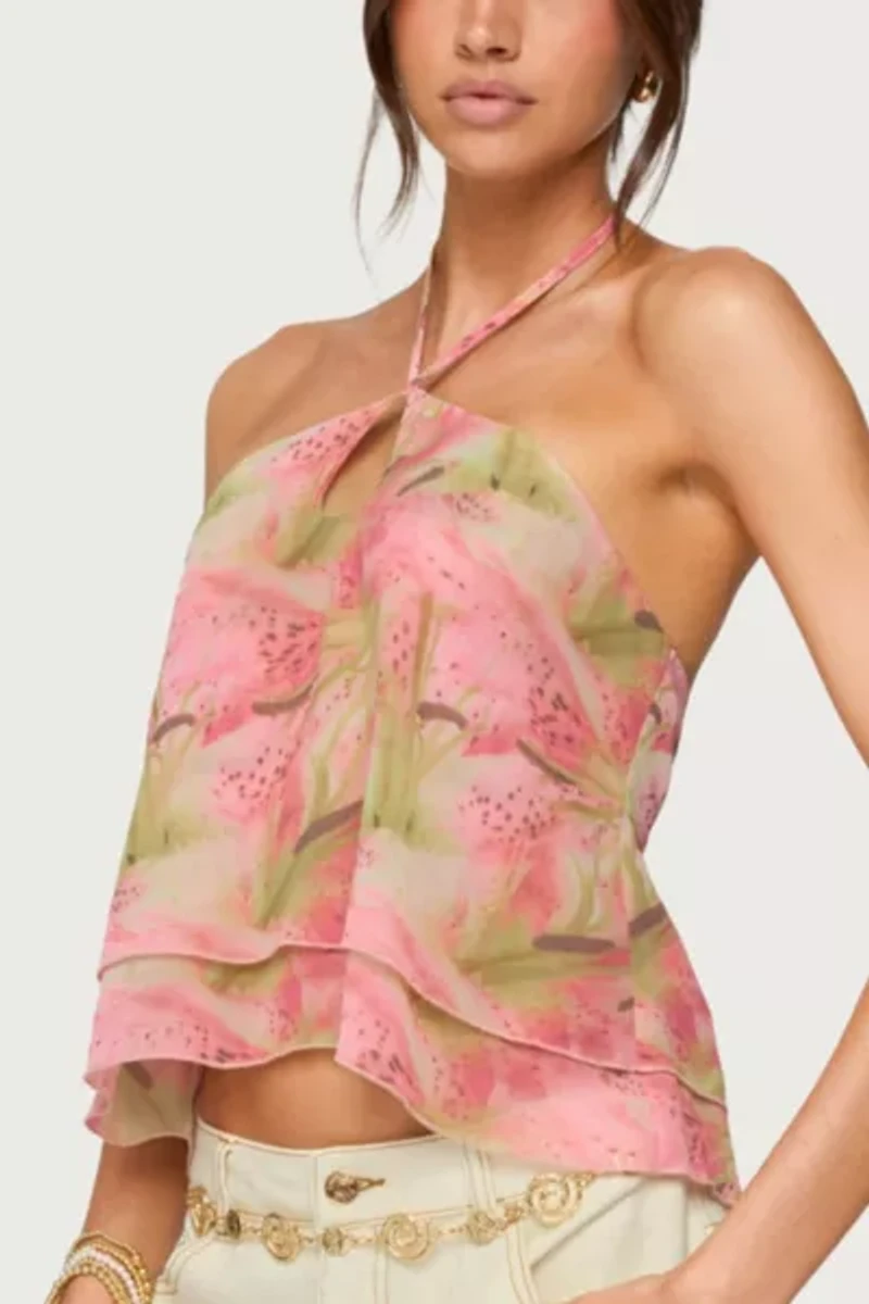Edikted Dragon Lily Layered Chiffon Halter Top