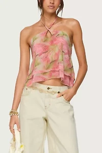Edikted Dragon Lily Layered Chiffon Halter Top