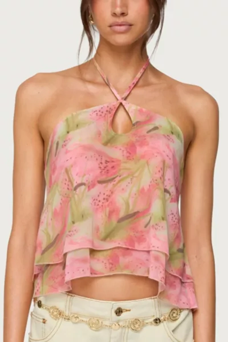 Edikted Dragon Lily Layered Chiffon Halter Top
