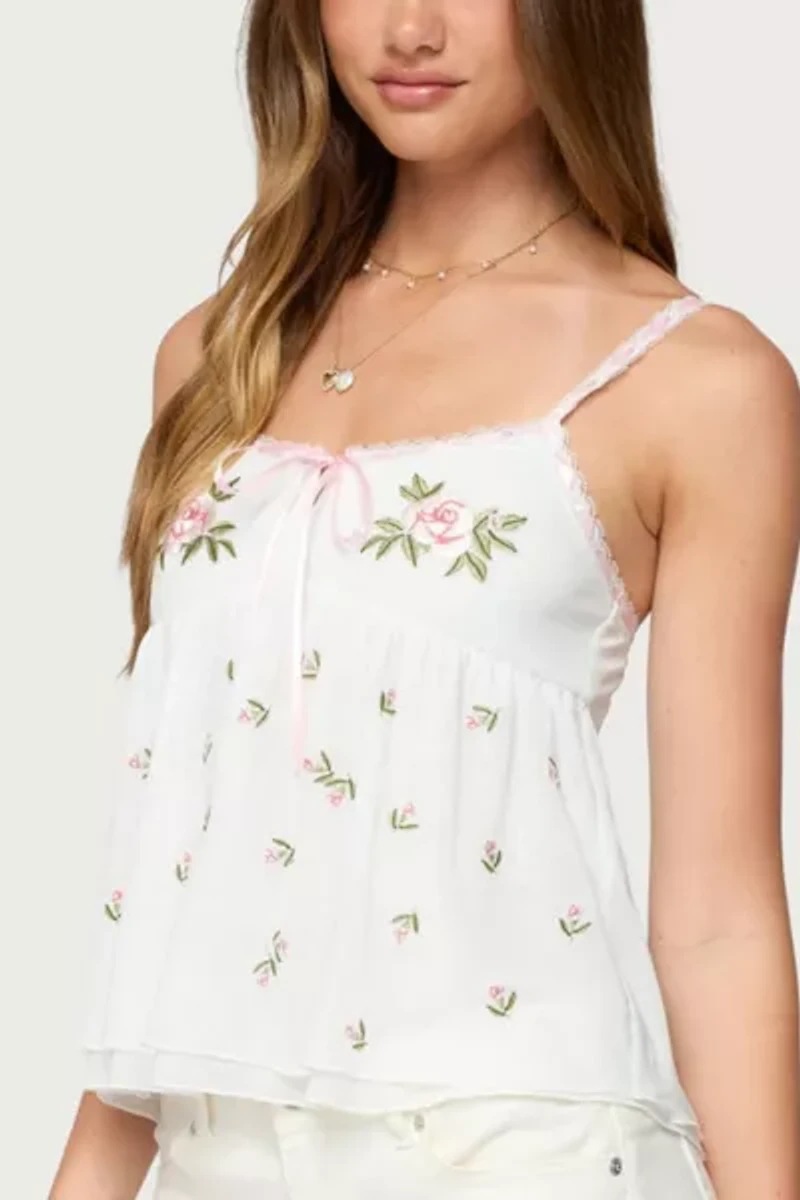 Edikted Embroidered Layered Mesh Babydoll Top