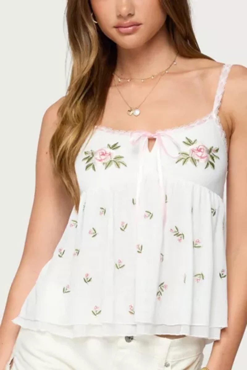 Edikted Embroidered Layered Mesh Babydoll Top