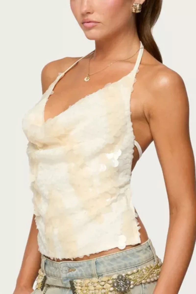 Edikted Reid Backless Sequin Cowl Neck Top