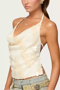 Edikted Reid Backless Sequin Cowl Neck Top