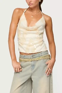 Edikted Reid Backless Sequin Cowl Neck Top