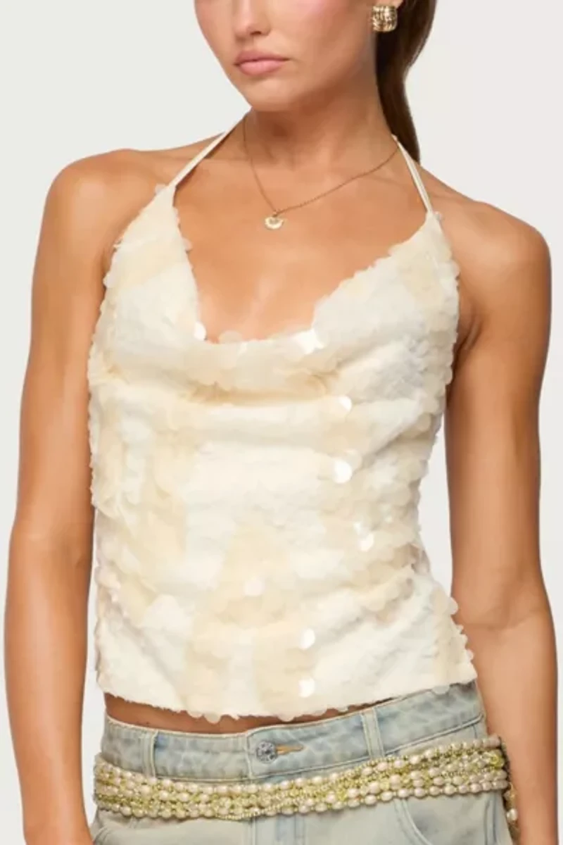Edikted Reid Backless Sequin Cowl Neck Top
