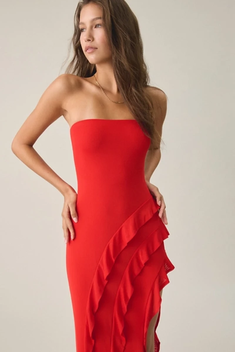 AFRM Siobhan Asymmetric Ruffle Strapless Maxi Dress