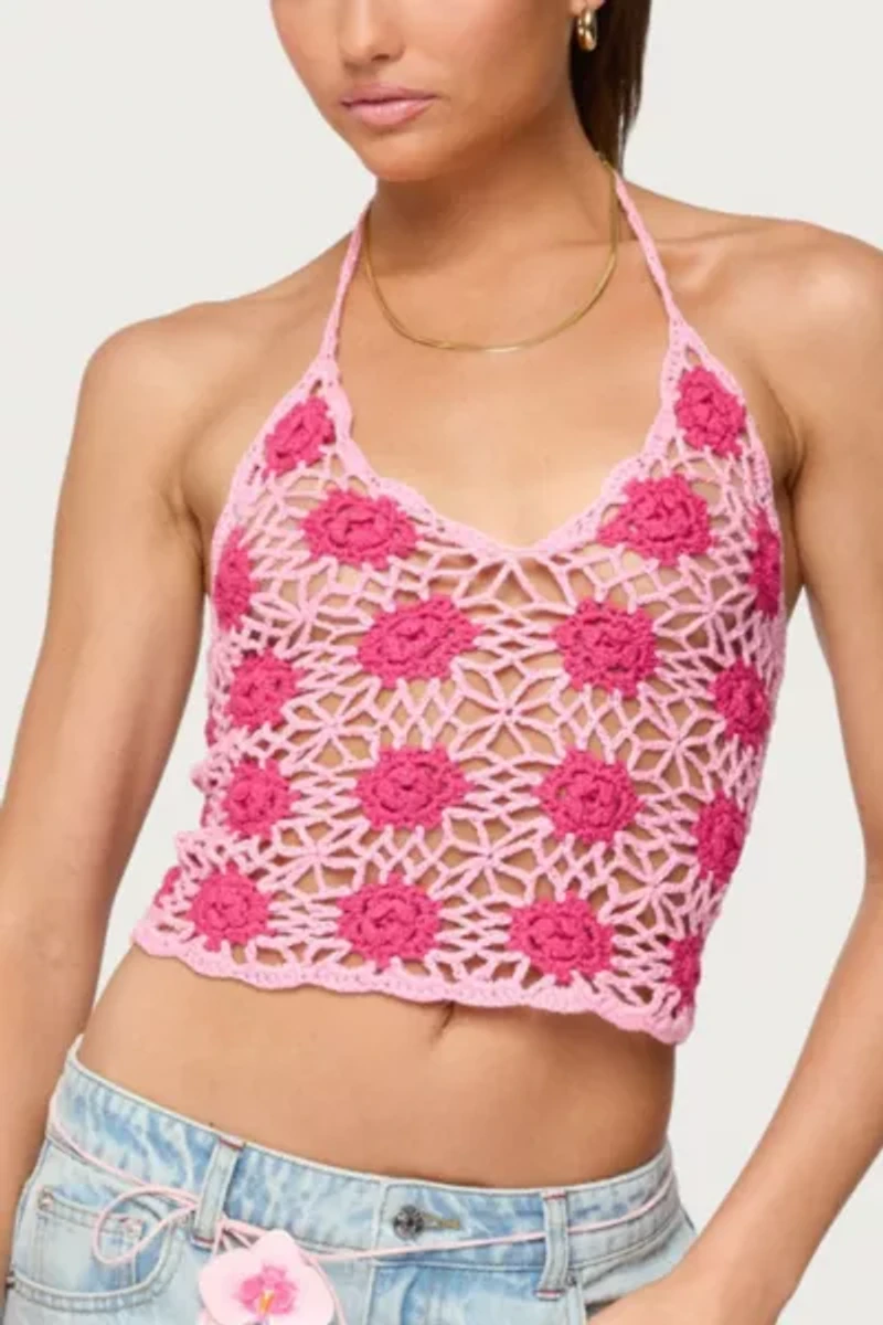 Edikted Contrast Floral Crochet Halter Top