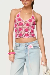 Edikted Contrast Floral Crochet Halter Top