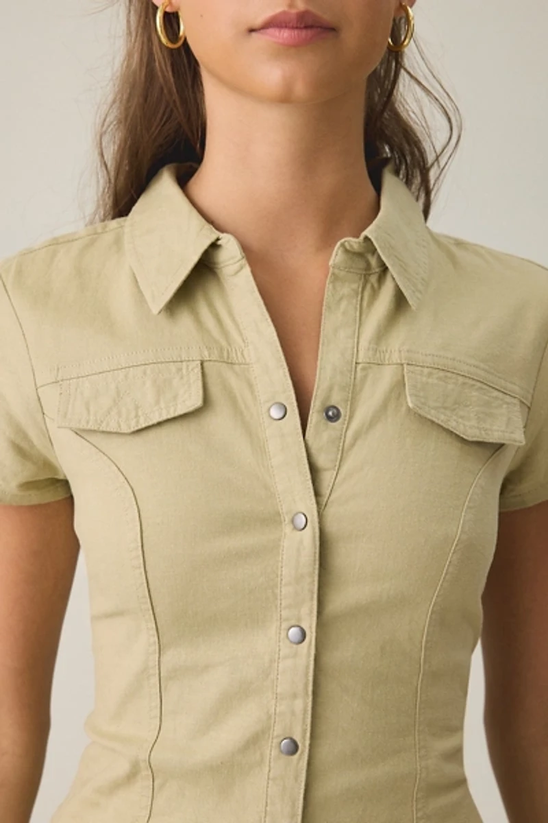 BDG Polly Linen Short Sleeve Utility Romper