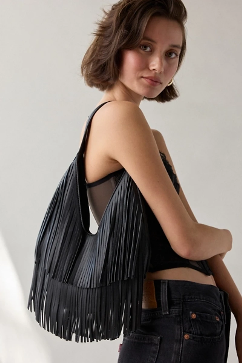 Silence + Noise Fringe Faux Leather Hobo Bag
