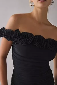 AFRM Zami Ruched Rosette Off-The-Shoulder Mini Dress