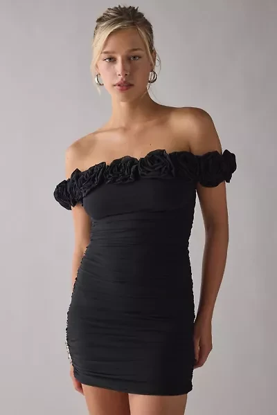 AFRM Zami Ruched Rosette Off-The-Shoulder Mini Dress