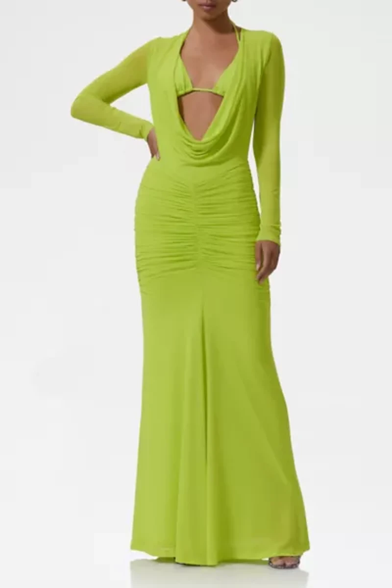 AFRM Orla Layered Plunging Cowl Front Ruched Maxi Dress