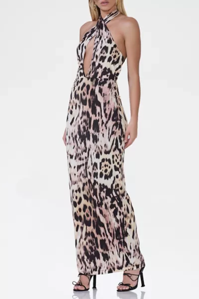 AFRM Genie Leopard Print Jersey Knit Halter Tie Maxi Dress