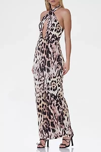 AFRM Genie Leopard Print Jersey Knit Halter Tie Maxi Dress