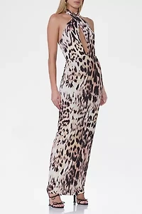 AFRM Genie Leopard Print Jersey Knit Halter Tie Maxi Dress