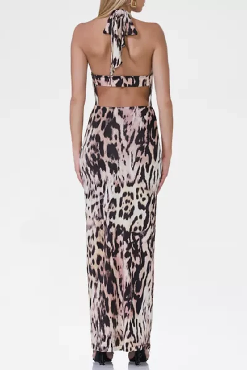 AFRM Genie Leopard Print Jersey Knit Halter Tie Maxi Dress