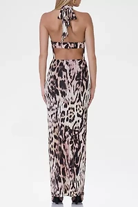 AFRM Genie Leopard Print Jersey Knit Halter Tie Maxi Dress