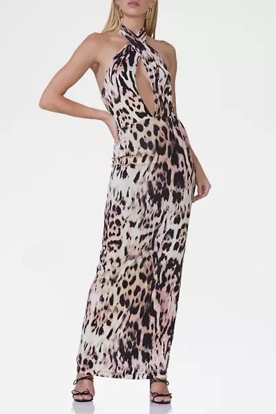 AFRM Genie Leopard Print Jersey Knit Halter Tie Maxi Dress