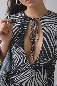 AFRM Kori Desert Zebra Tie-Front Keyhole Cutout Bell Sleeve Mini Dress