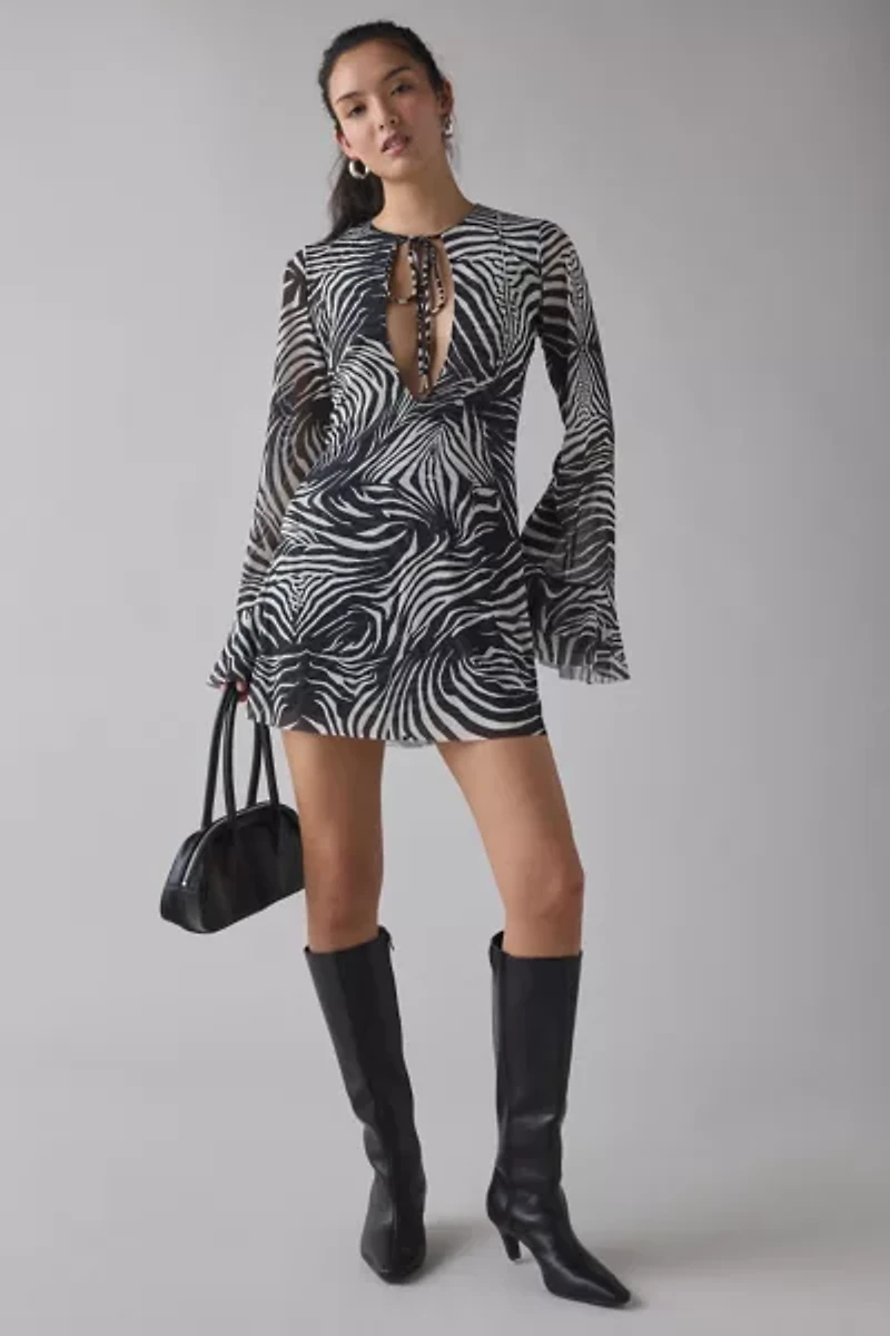 AFRM Kori Desert Zebra Tie-Front Keyhole Cutout Bell Sleeve Mini Dress