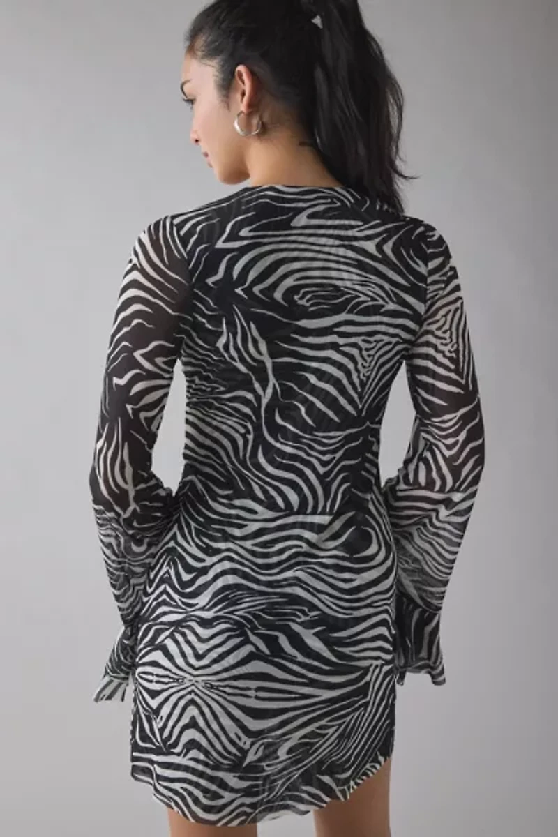 AFRM Kori Desert Zebra Tie-Front Keyhole Cutout Bell Sleeve Mini Dress