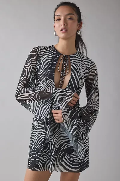 AFRM Kori Desert Zebra Tie-Front Keyhole Cutout Bell Sleeve Mini Dress