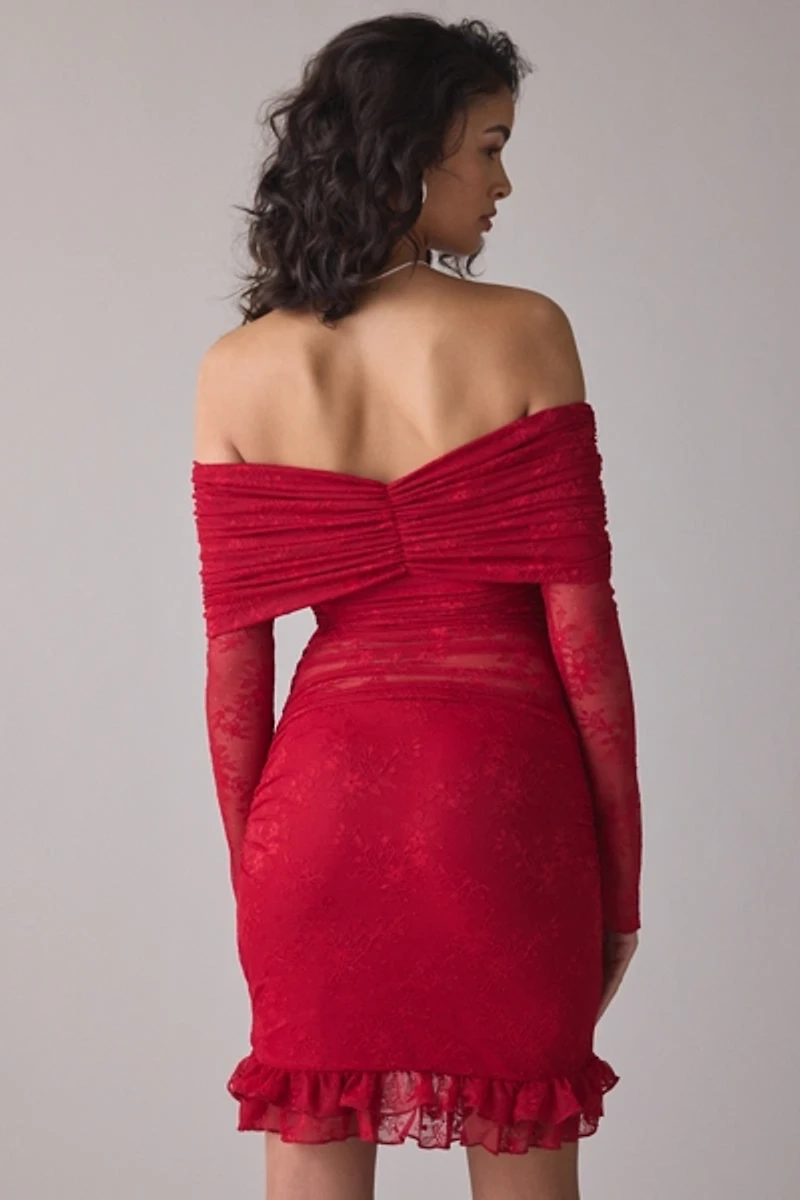 AFRM Fay Lace Off-The-Shoulder Long Sleeve Bodycon Mini Dress