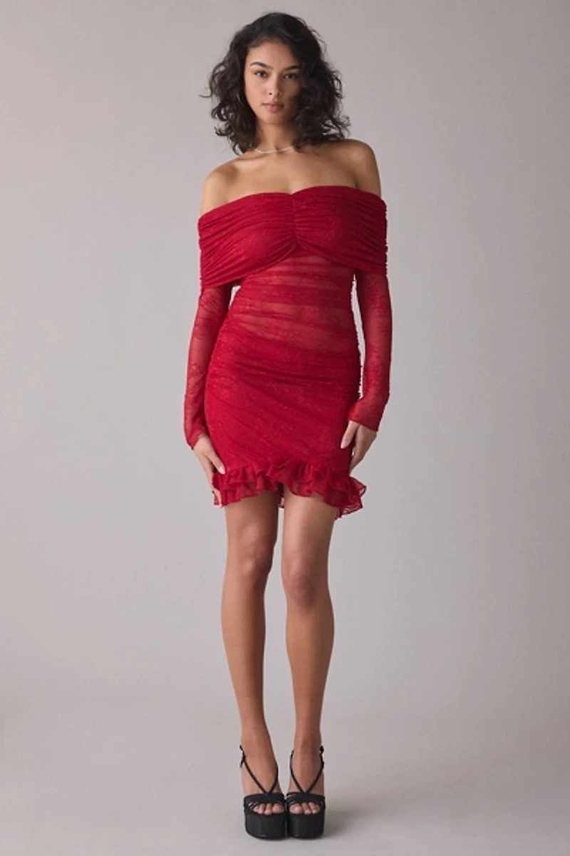 AFRM Fay Lace Off-The-Shoulder Long Sleeve Bodycon Mini Dress