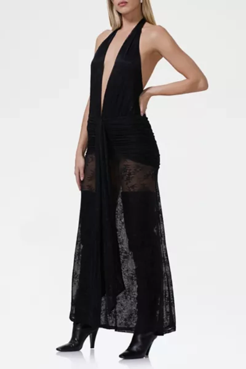 AFRM Heidi Sheer Lace Plunging Halter Maxi Dress