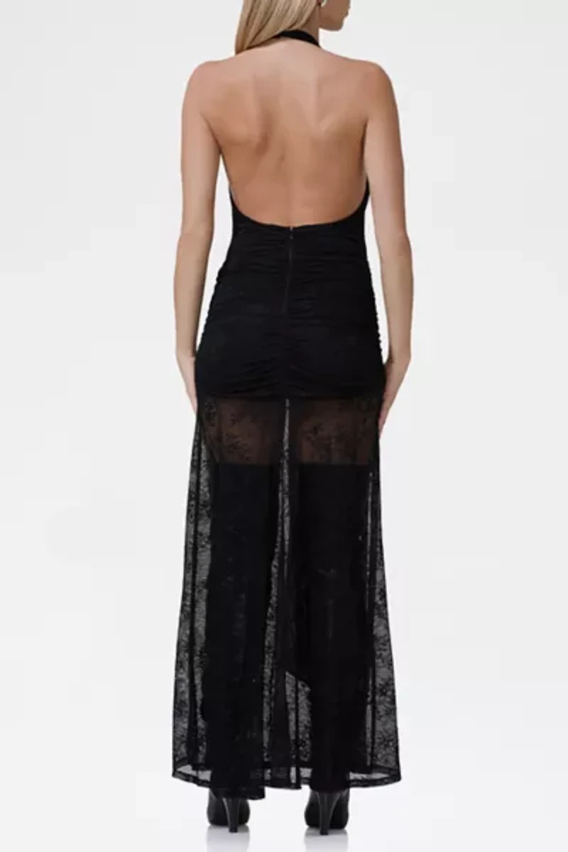 AFRM Heidi Sheer Lace Plunging Halter Maxi Dress