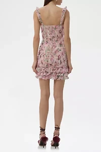 AFRM Medford Painterly Abstract Ruched Ruffle Mini Dress