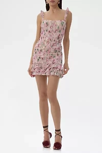AFRM Medford Painterly Abstract Ruched Ruffle Mini Dress